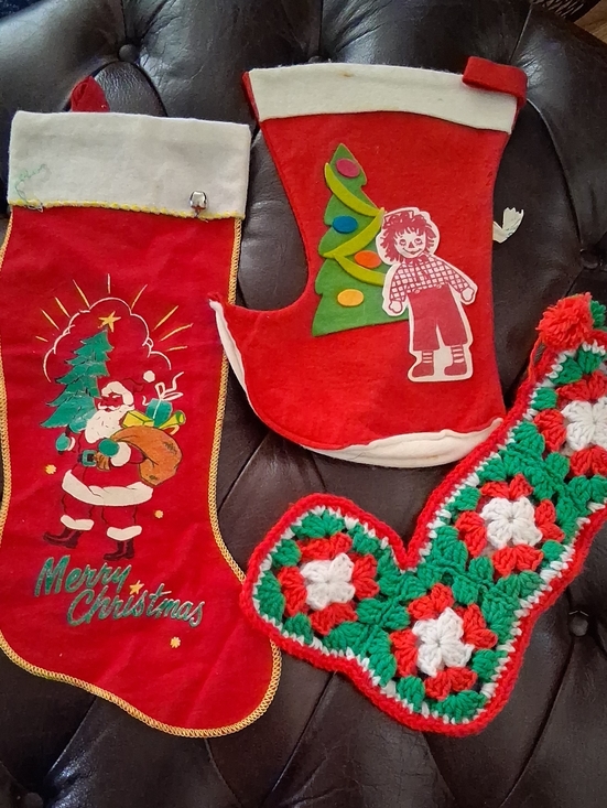 Vintage Other - Vintage Red Christmas Stockings Trio - Festive Santa & Crochet 1950's 1960's